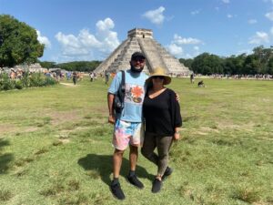 two people standing outside